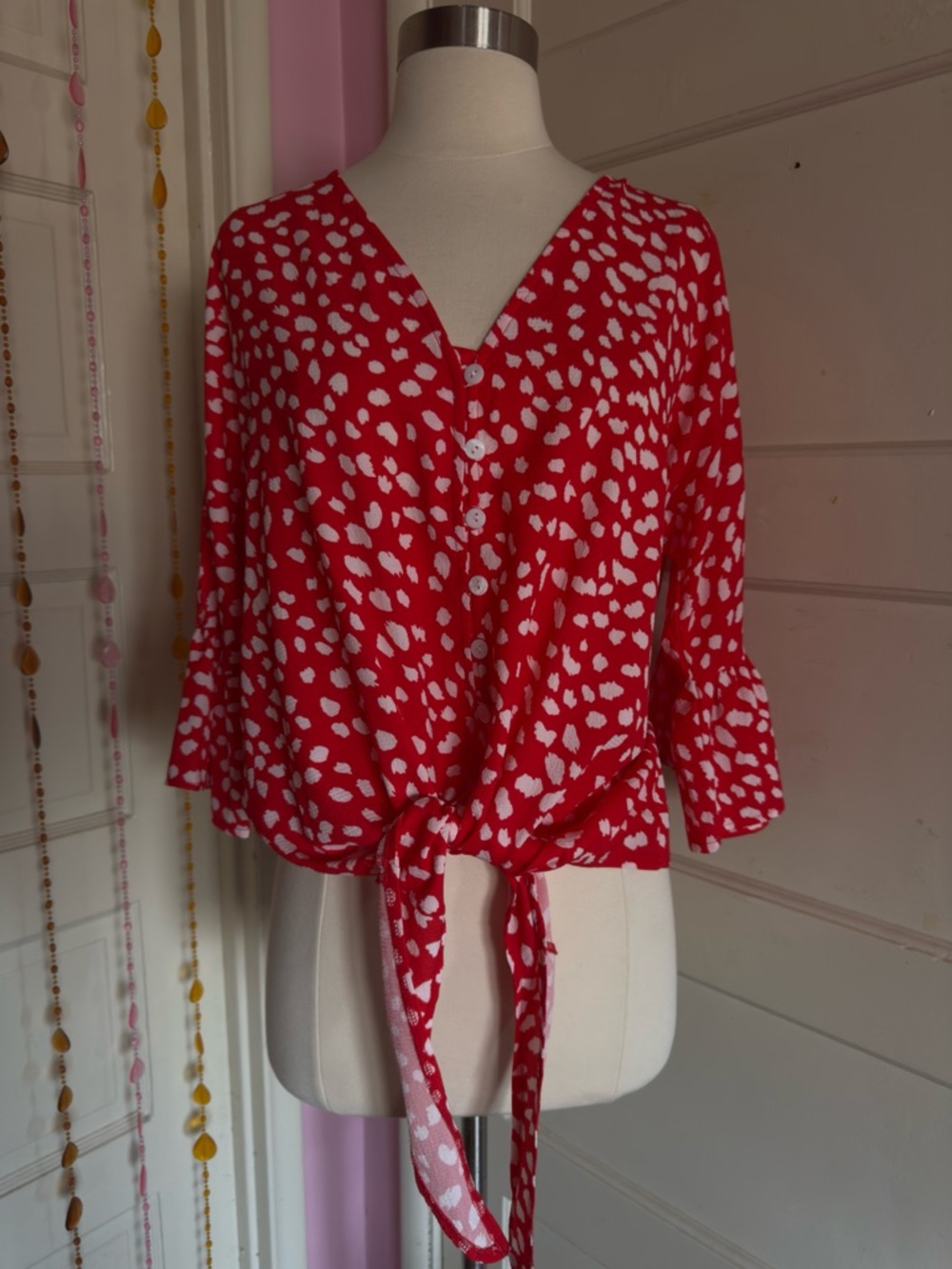 Kancystore Red Spotted Tie Front Bell Sleeve Blouse M Y2K
